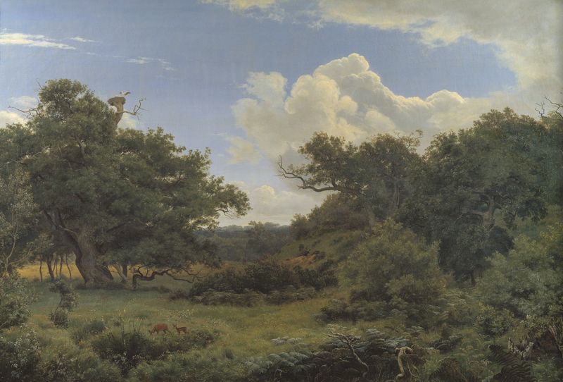 Oak Trees in Nordskoven by P. C. Skovgaard, oil on canvas depicting oak trees and soft light