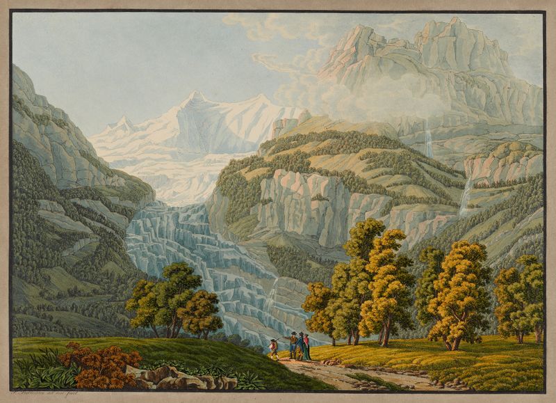 Glacier landscape by Peter Birmann, depicting ice textures and mountains.