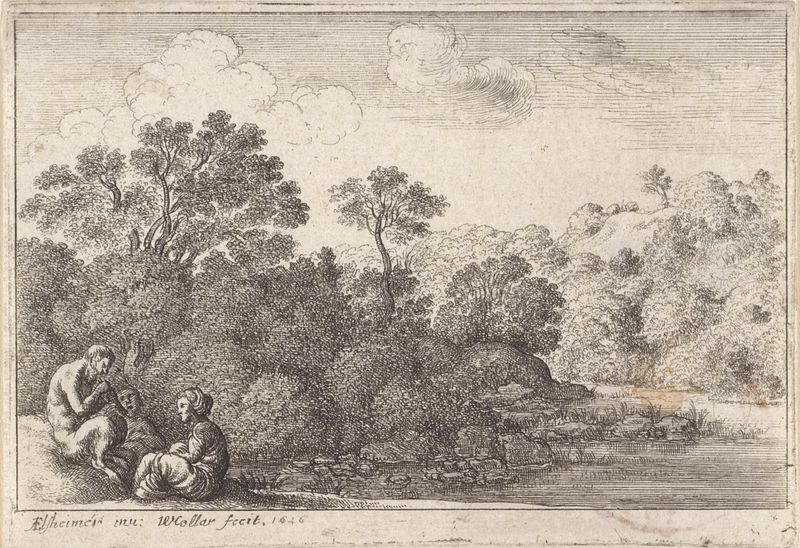 Grabado de Wenceslaus Hollar que presenta un sátiro con dos ninfas en la naturaleza.
