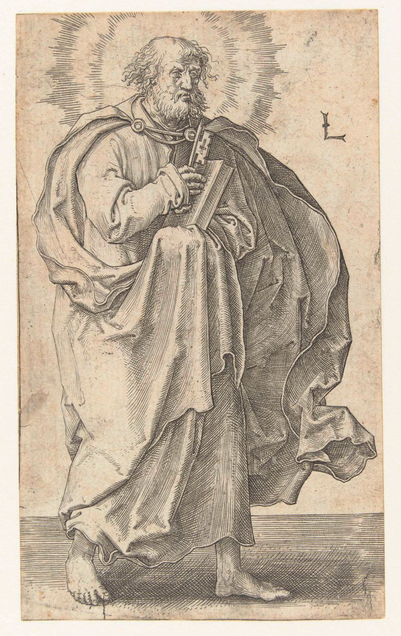 Grabado de San Pedro por Lucas van Leyden, con detalles intrincados y colores ricos.