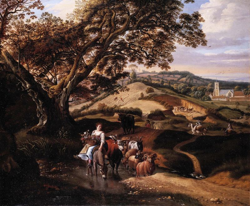 Pastoral landscape with rolling hills and clouds by Jan Siberechts, oil painting