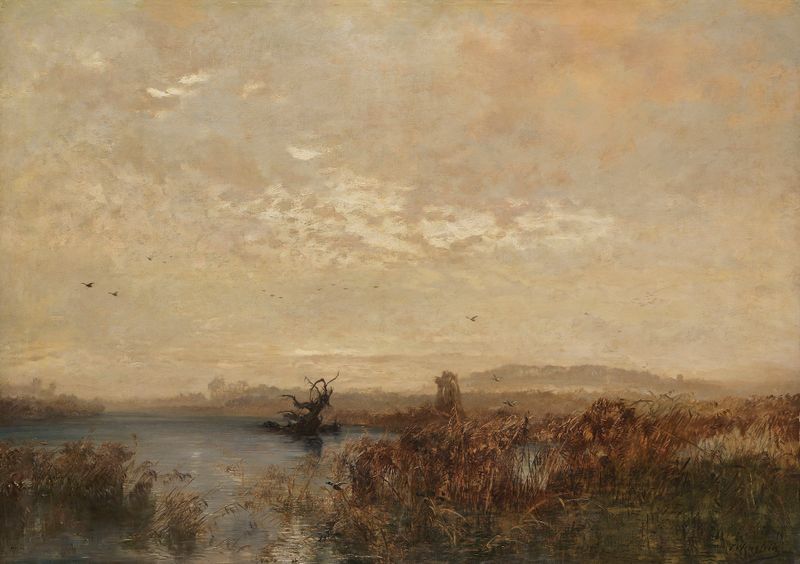 Landscape oil painting by Josef Wenglein depicting a tranquil marshland and sky.