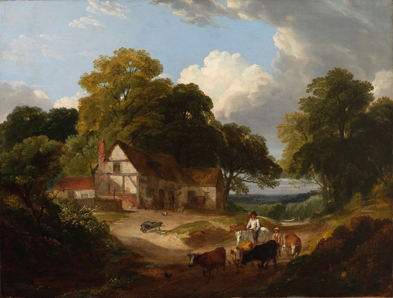 Escena de granja de Robert Ladbrooke, óleo sobre lienzo que representa animales en un entorno armonioso de granja.