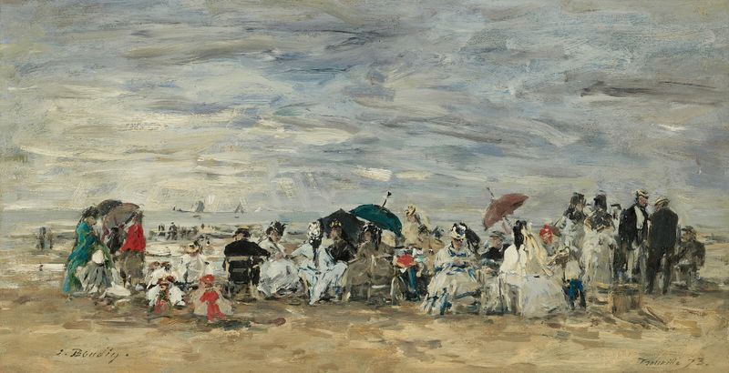 Escena costera con figuras en la playa, óleo sobre lienzo de Eugène Boudin