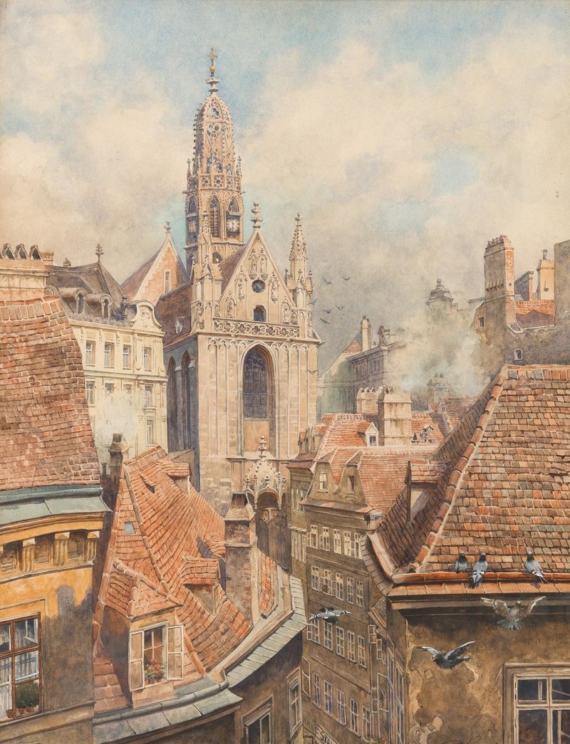 Oil painting by Karl Schnorpfeil depicting Maria am Gestade church and rooftops under a blue sky