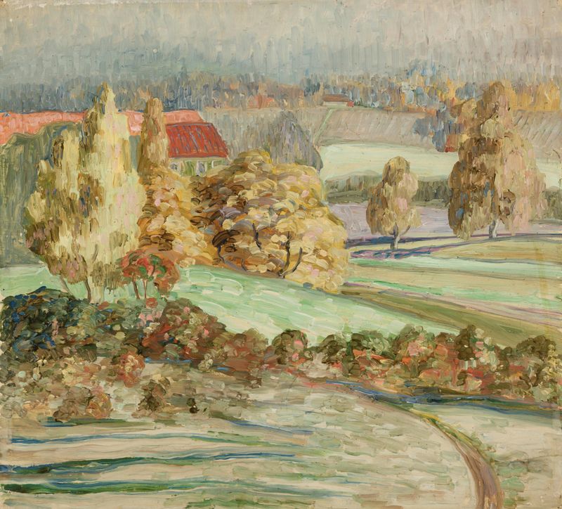 Sügismaastik by Konrad Mägi, oil on canvas depicting vibrant fields and a serene horizon.