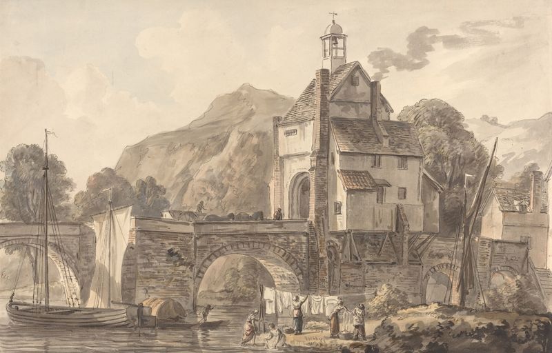 El Puente en Bridgnorth en Shropshire, óleo de Paul Sandby