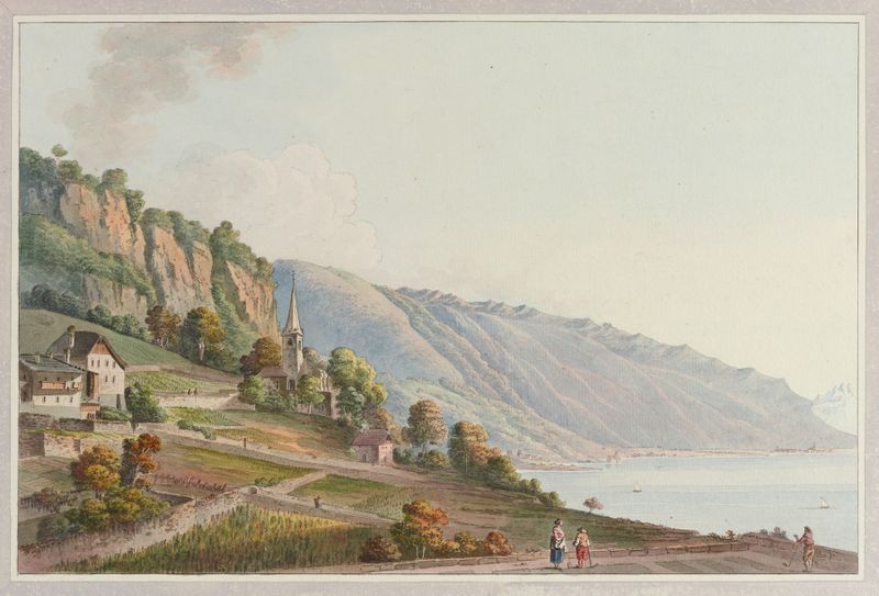 Landscape oil painting by Joseph Emmanuel Curty featuring hills and clouds.
