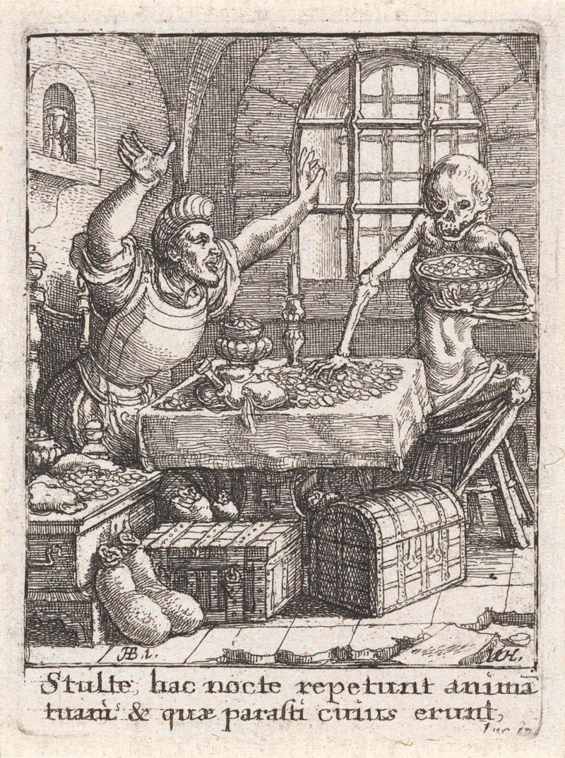 Gravura de Wenceslaus Hollar mostrando um homem rico confrontando a morte.
