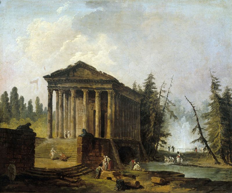 Pintura al óleo neoclásica de Hubert Robert que representa ruinas antiguas y columnas bajo luz cálida.