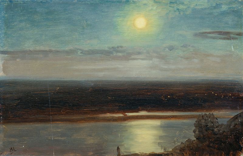Die Donau mit dem Marchfeld bei Nacht, oil painting by Anton Hlavacek, depicting a tranquil river at night.