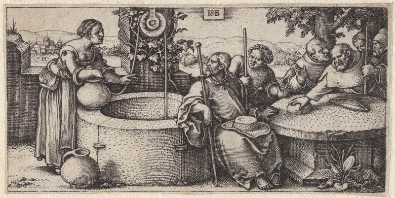 Grabado de Hans Sebald Beham que representa a Cristo y una mujer samaritana.