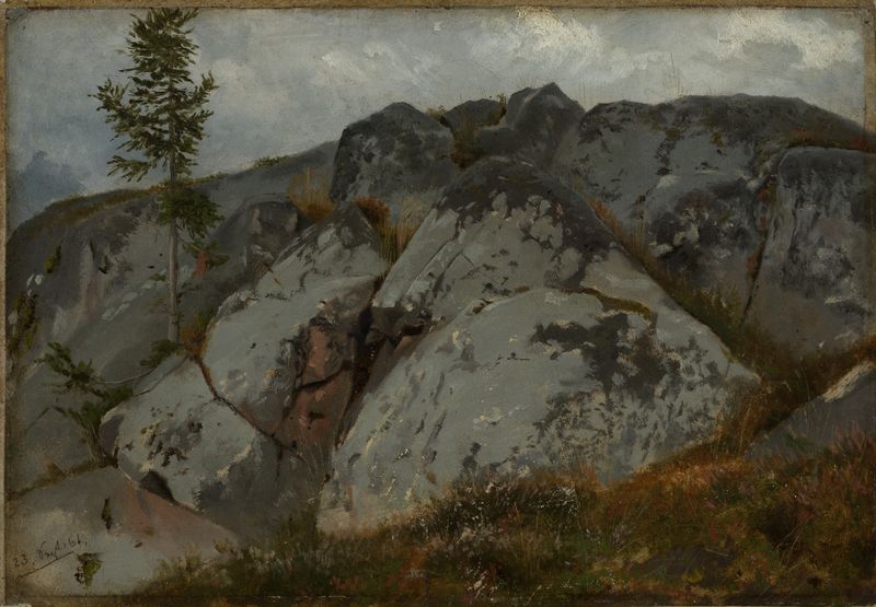 Paisaje con rocas y abetos, pintura al óleo de Hans Thoma