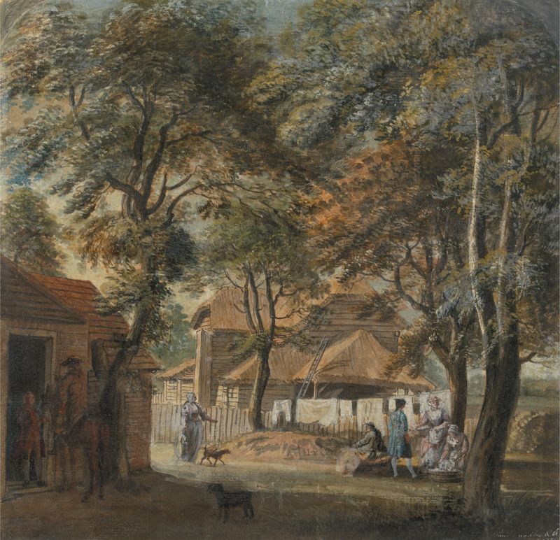 Paisaje con follaje y un edificio de Paul Sandby, pintura al óleo