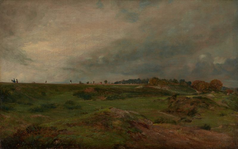 A Road across Hampstead Heath de John Constable, pintura a óleo que retrata uma paisagem serena com um caminho e árvores