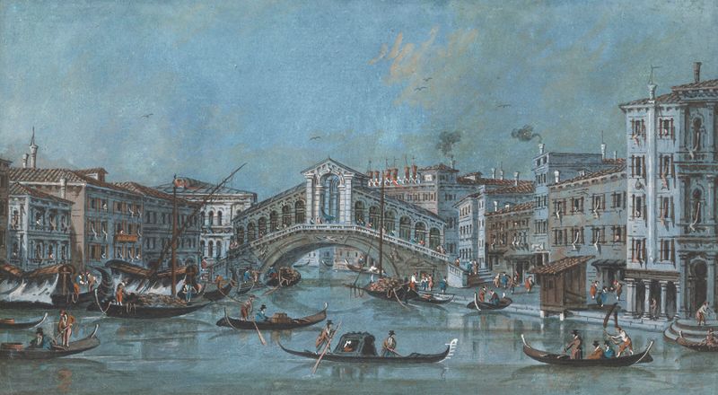 The Rialto Bridge, Venice by Giacomo Guardi, oil painting depicting the bridge and reflections on water