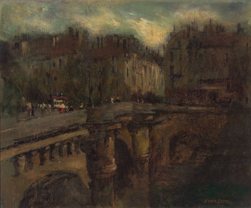 L’ Heure Bleu à Paris by Frank Edwin Scott, oil on canvas depicting a serene twilight landscape