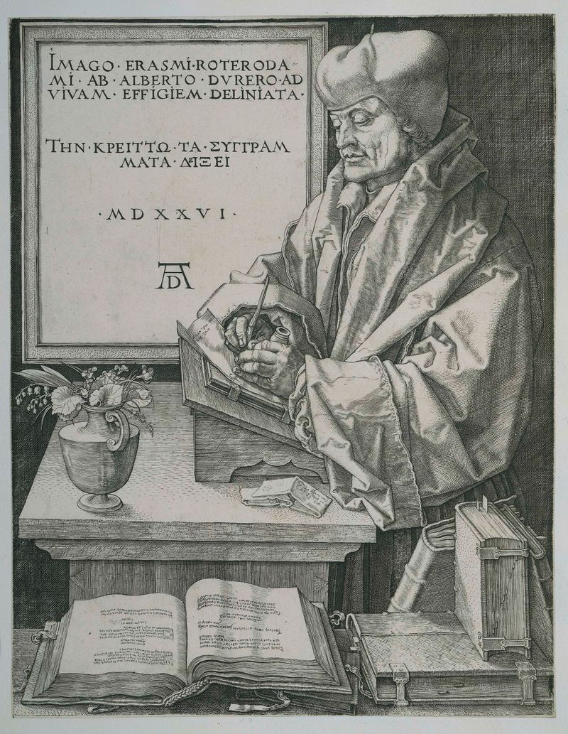 Grabado de Erasmus por Albrecht Dürer, 1526, con una expresión solemne y una túnica forrada de piel