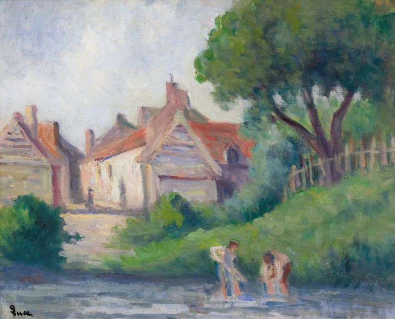Pecquigny de Maximilien Luce, óleo sobre lienzo que representa un paisaje tranquilo con luz y agua.