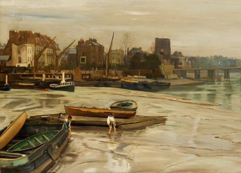 Landscape of The Riverside, Chelsea, oil painting by Charles Napier Hemy