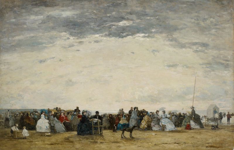 Genre scene depicting vacationers on the beach, oil painting by Eugène Boudin