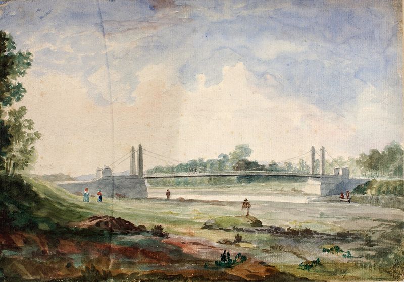 Suspension bridge over the Arno river, oil painting by Miner Kilbourne Kellogg