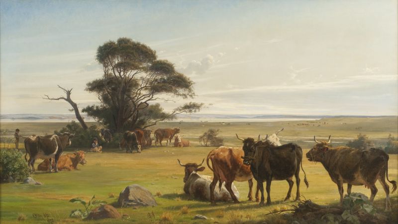 Cows in a meadow under sunlight, oil painting by Otto Haslund