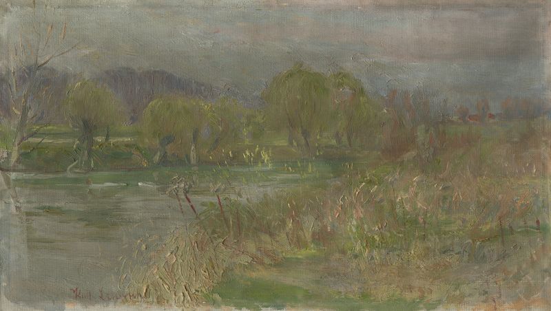 Landscape with a Swamp by Karol Miloslav Lehotský, oil on canvas depicting dark waters and an overcast sky.