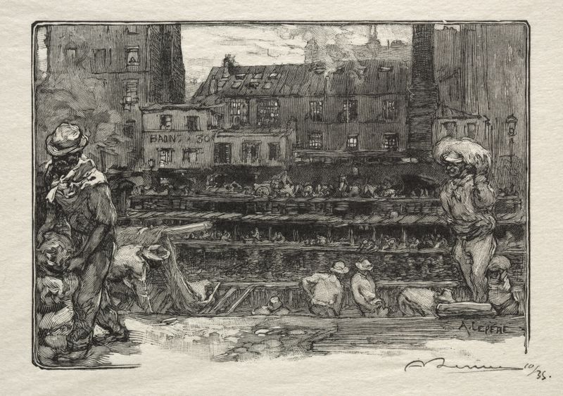 Les Déchargeurs de Plâtre de Auguste Louis Lepère, pintura al óleo que muestra figuras trabajando en luz dorada