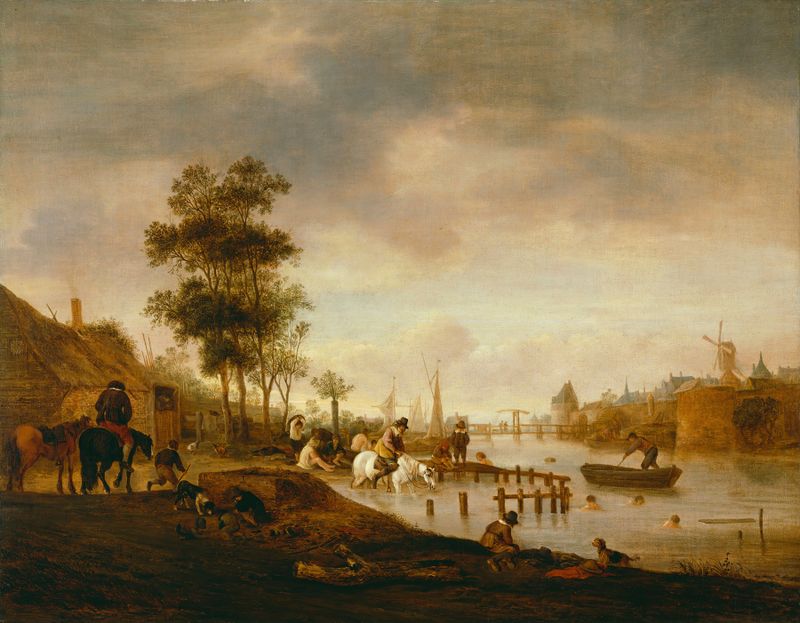River landscape with swimmers, oil painting by Isaac van Ostade