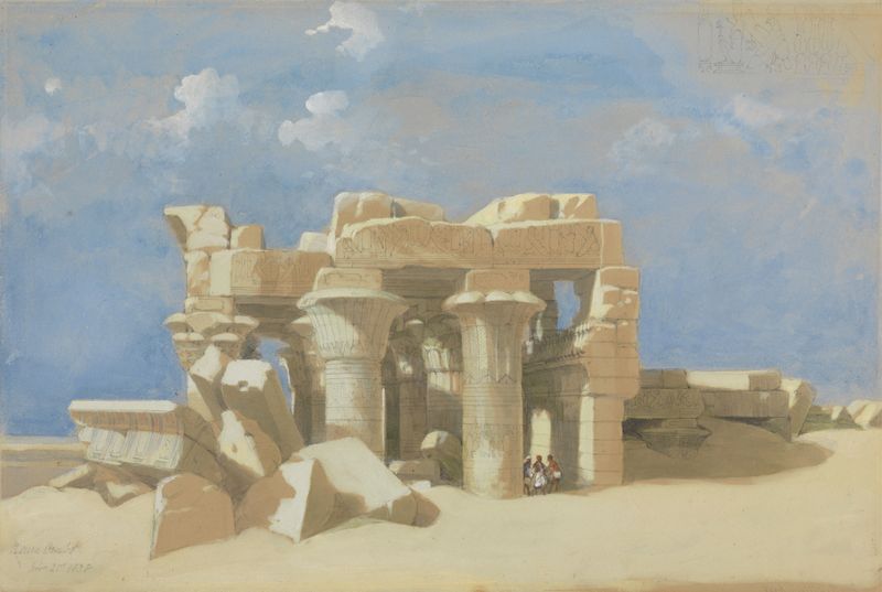 View of Kom Ombo de David Roberts, que representa ruinas antiguas en un paisaje desértico, óleo.