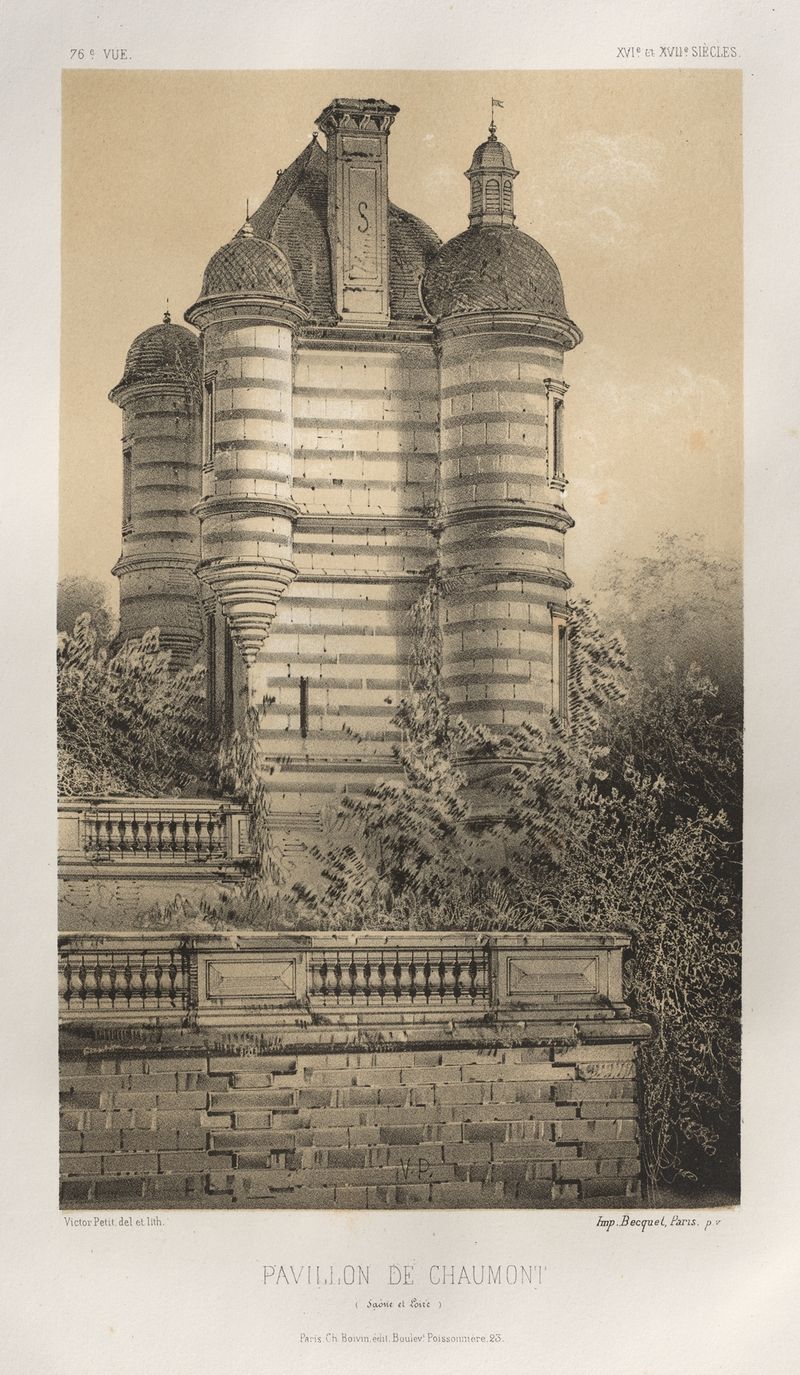 Pavillon De Chaumont, óleo sobre lienzo de Victor Petit, mostrando un pabellón en un paisaje exuberante.