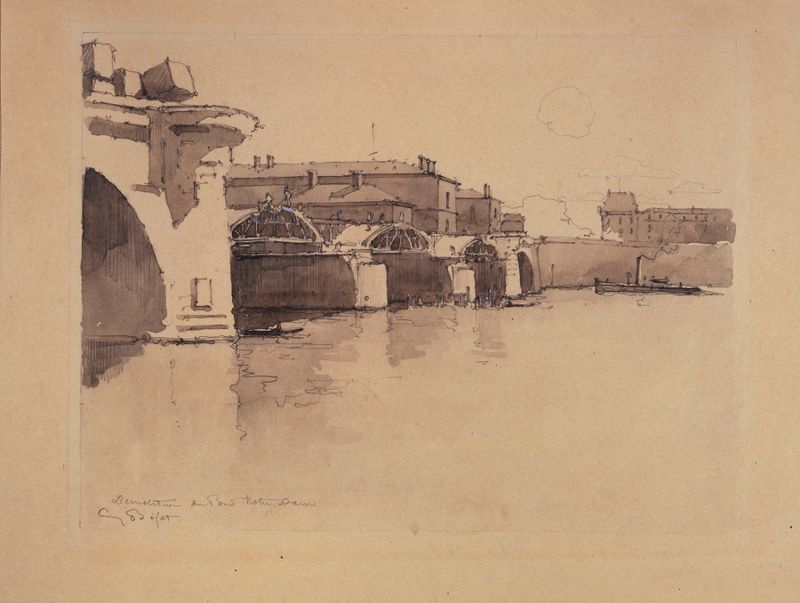 Démolition du pont Notre-Dame by Eugène Béjot, depicting bridge ruins in an unknown medium.