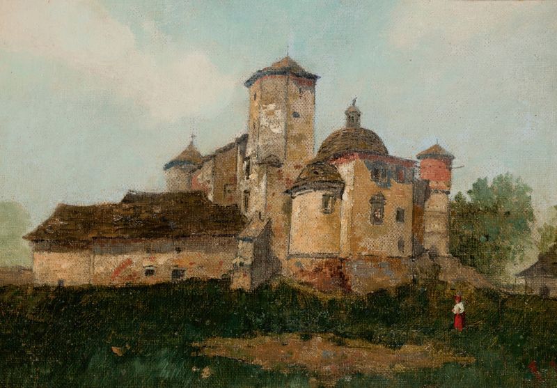 Paisaje con el Castillo de Wiśnicz, pintura al óleo de Stanisław Fabijański