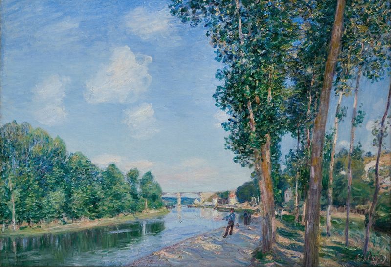 Paisagem de Saint-Mammès com rio e vila, óleo sobre tela de Alfred Sisley