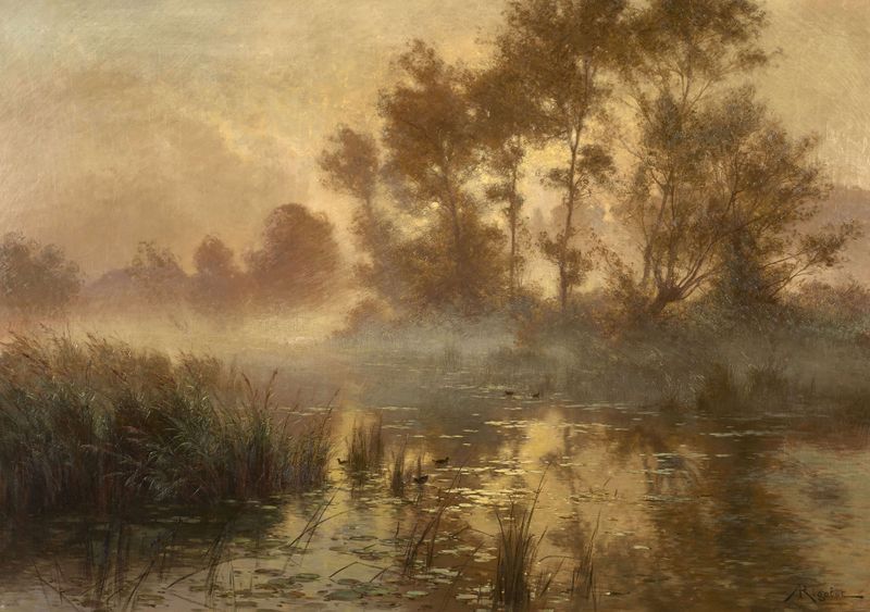 Soleil levant dans la brume de Albert Rigolot, óleo sobre tela que retrata uma paisagem enevoada com um sol nascente.
