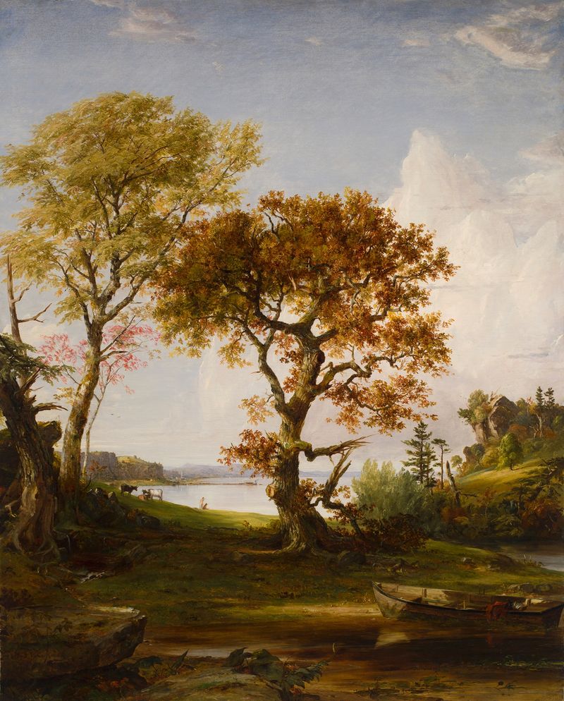 The Hudson at Piermont, óleo sobre lienzo de Jasper Francis Cropsey, que representa un paisaje fluvial al atardecer.