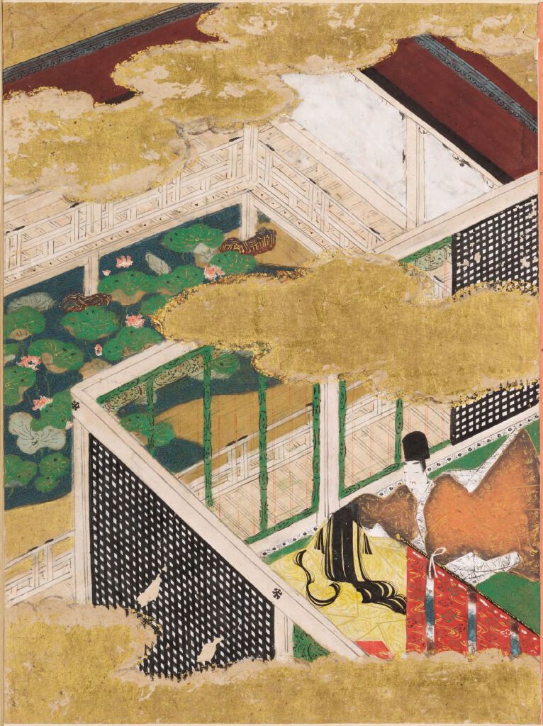 Spring Shoots II by Tosa Mitsunobu, gold medium, depicting lush greenery and themes of memory.