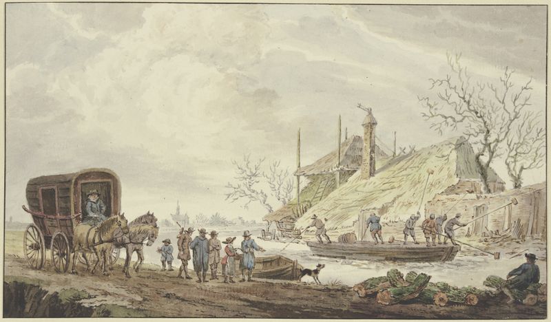 Winterlandschaft de J. H. Van Loon, retratando uma cena de fazenda no inverno com gelo.