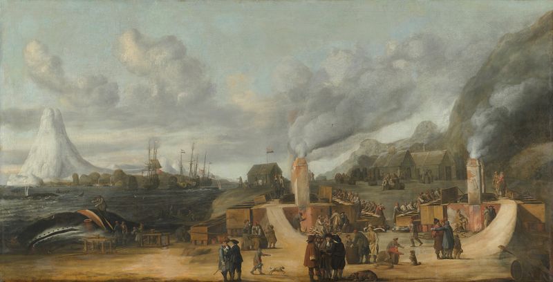 Whale-oil refinery scene with men and try-pots, oil painting by Cornelis de Man