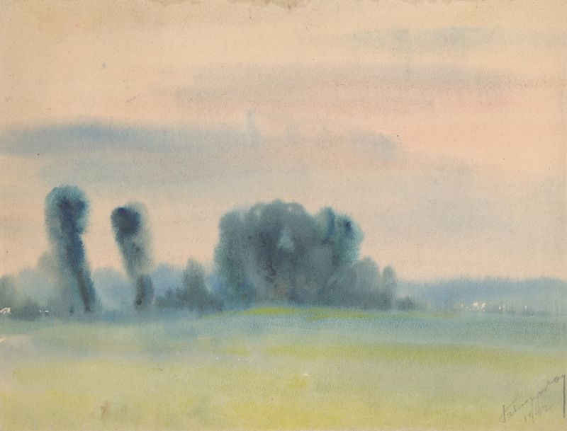 Trees in the Meadow by Zolo Palugyay, oil on canvas depicting a tranquil landscape with lush greenery.