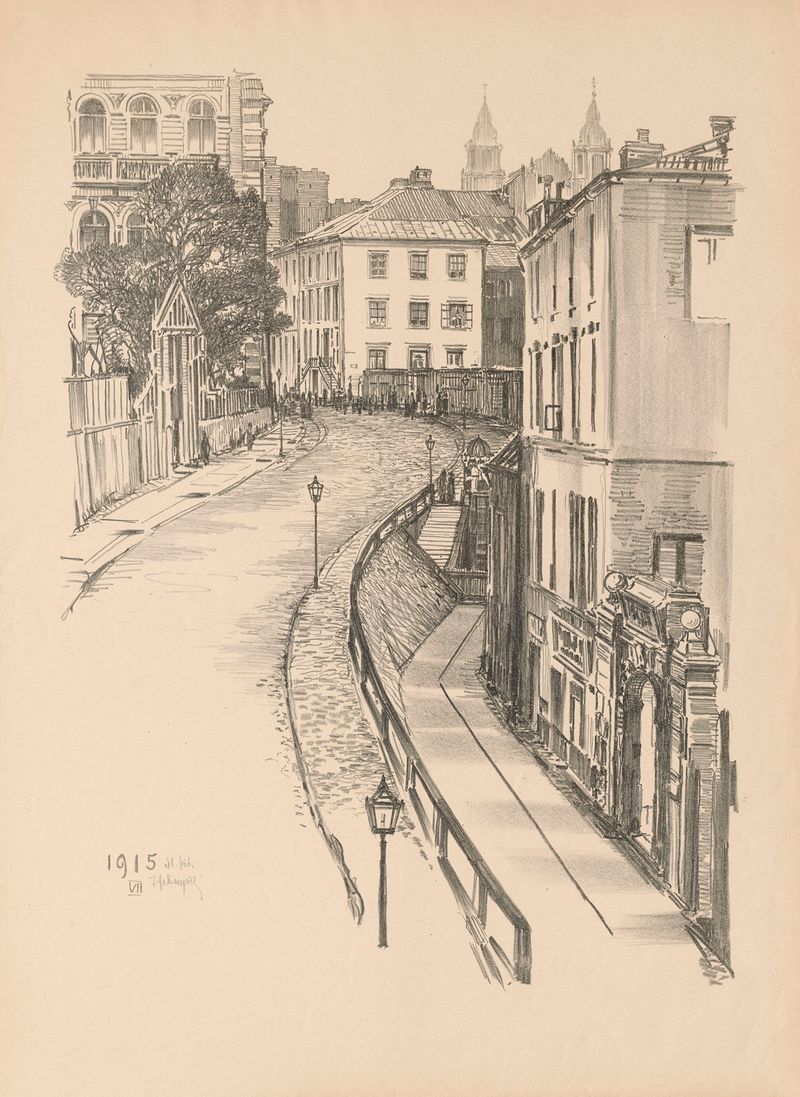 Oboźna Street de Feliks Jabłczyński, impressionismo, retratando um pôr do sol sobre uma rua de paralelepípedos