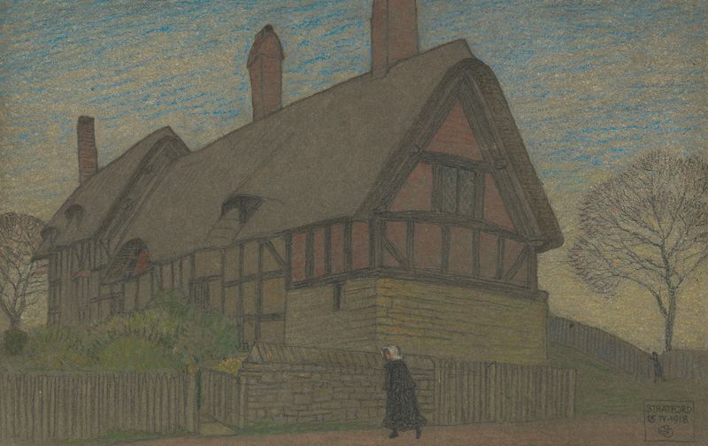 Watercolour by Joseph Edward Southall depicting Ann Hathaway’s cottage with a garden.