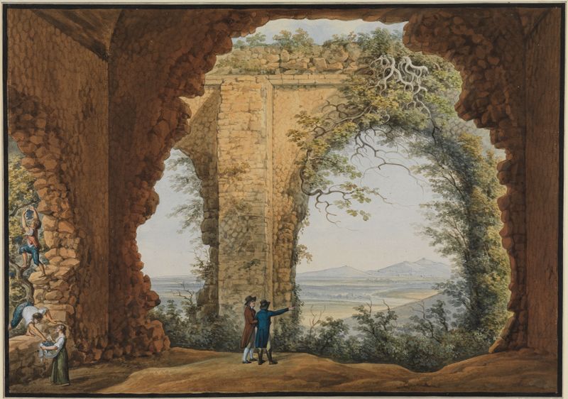 Aguarela sobre papel de Abraham-Louis-Rodolphe Ducros mostrando colinas e céu.