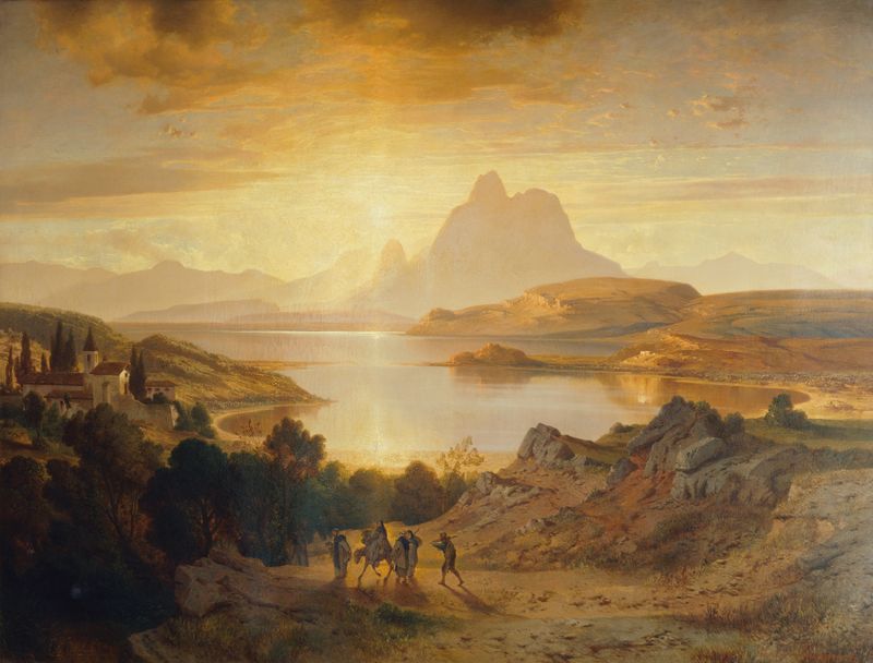 Lago di Lugano pintura al óleo de Albert Zimmermann, con aguas serenas y reflejos del atardecer.