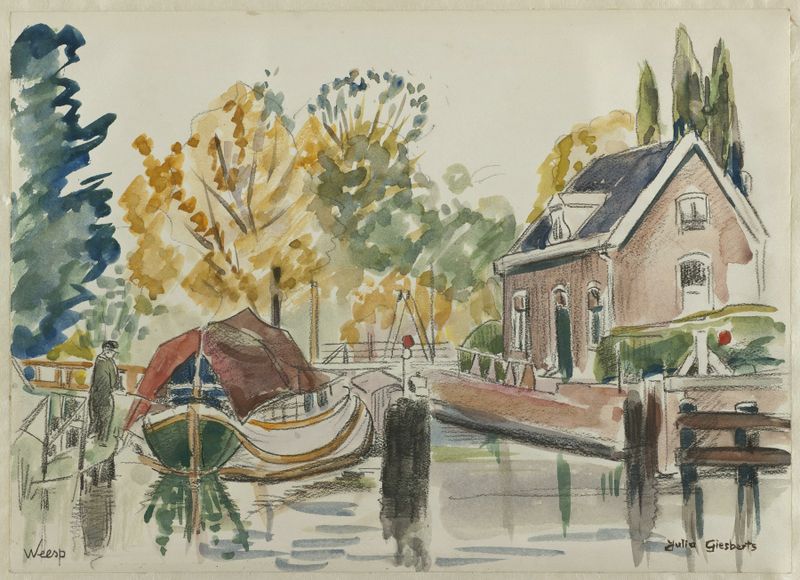 Canal scene with a bridge, boats, and houses, oil painting by Julia Giesberts