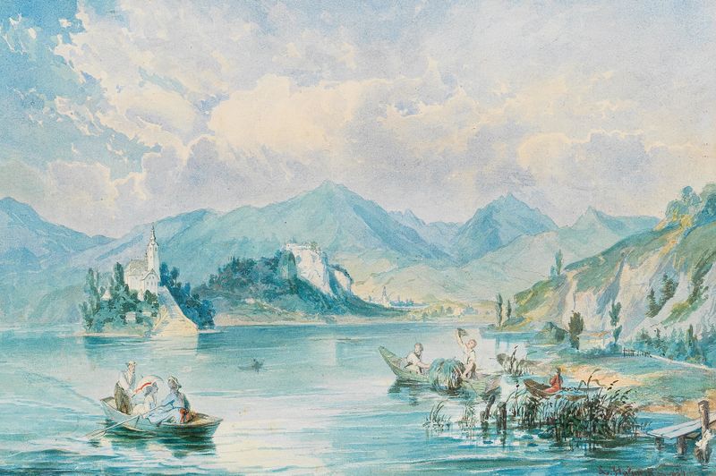 Uma vista da ilha de Bled no lago Bled, óleo sobre tela de Ludwig Halauska