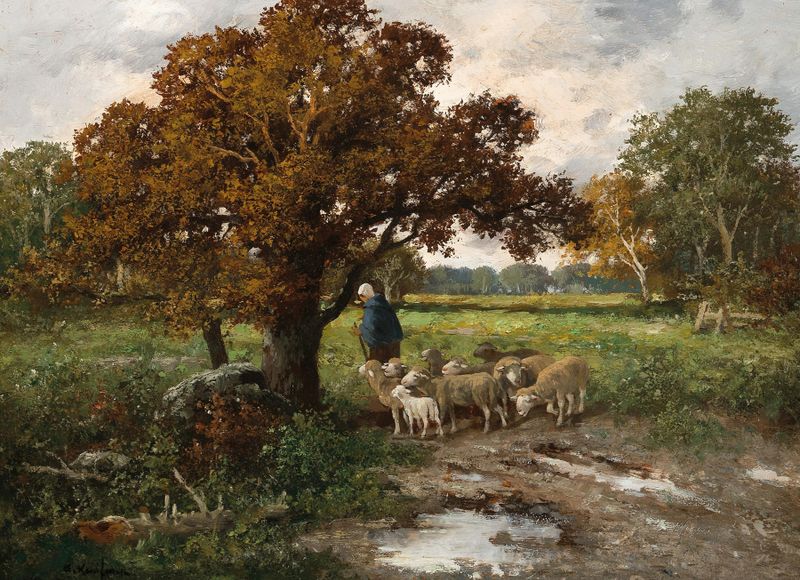 Uma pastora com um rebanho de ovelhas em uma paisagem serena, pintura a óleo de Adolf Kaufmann.