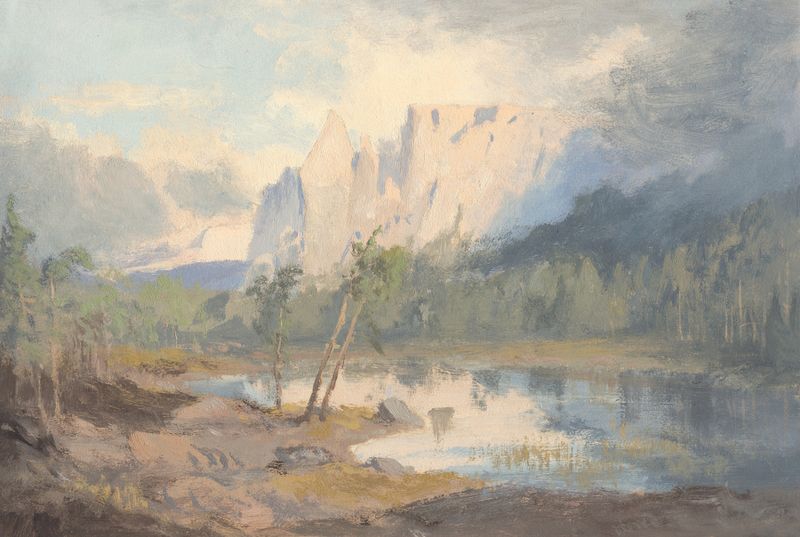 Lago Walfzgruben bei Oberbatzen de Jan Nowopacký, óleo sobre tela que retrata um lago sereno ao amanhecer.