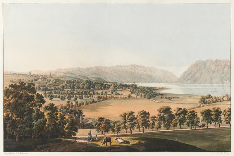 Paisagem de Lausana ao crepúsculo, óleo sobre tela de Johann Jakob Biedermann